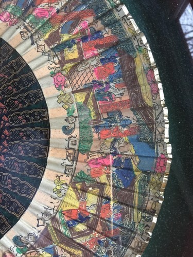 Antique Filigree Carved Chinese export Hand Painted Asian Hand Fan In Frame Art