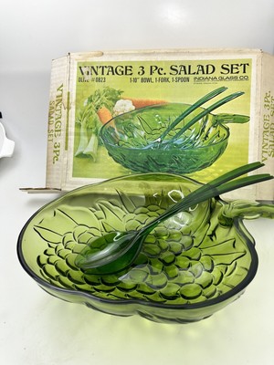 Vtg. Indiana Glass Avocado Olive Green 3-pc Salad Serving Set with Org. Box