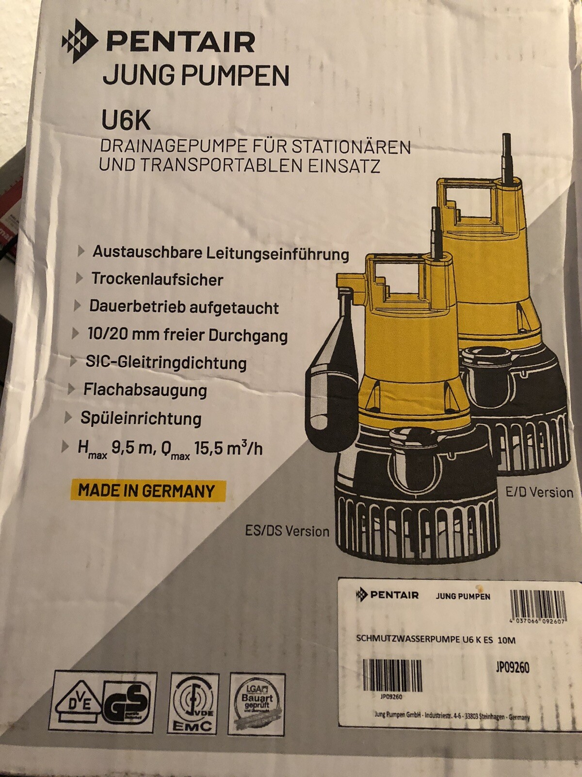 Jung Pumpen Pentair Drainagepumpe U6K ES 10m mit