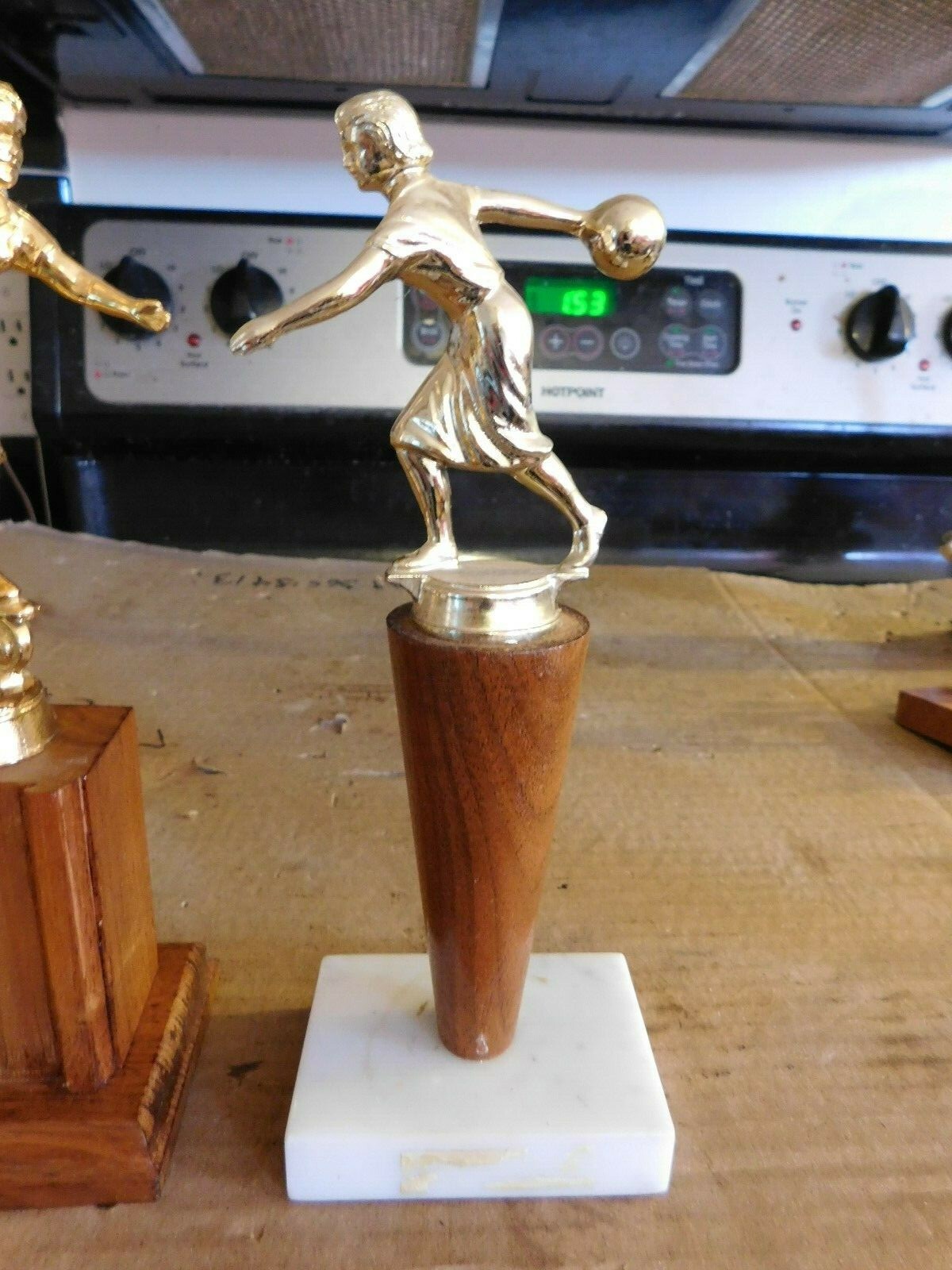 PAIR OF MID-CENTURY WALNUT/MARBLE  BOWLING TROPHIES W/METAL TOPPERS GROUP #3