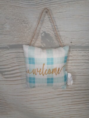 New! ''Welcome'' Sign Wall DOOR PILLOW Hanger Decor Tier Tray Blue Plaid Spring 