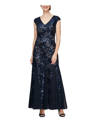 

ALEX EVENINGS Женское темно-синее вечернее платье в пол с короткими рукавами и подкладкой, Navy