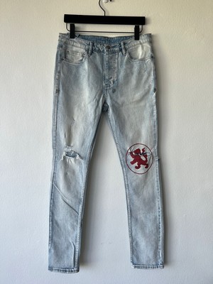 new Ksubi mens denim jean chitch 32 slim light blue red lion print trashed