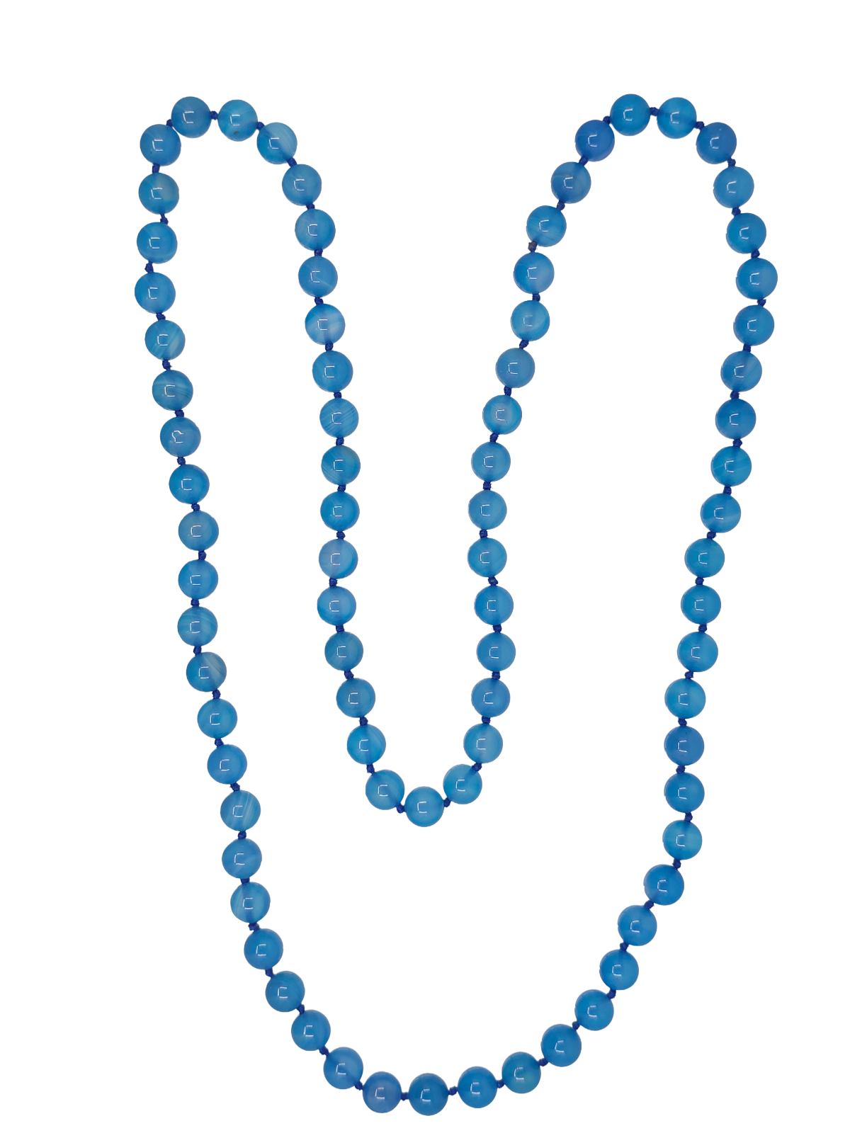 VINTAGE 8mm DYED BLUE CHALCEDONY BEAD KNOTTED NECKLACE ~ 30" / 58g