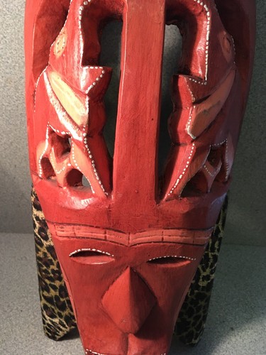 Vintage African Carved Wood Tribal Mask Has Cloth On It