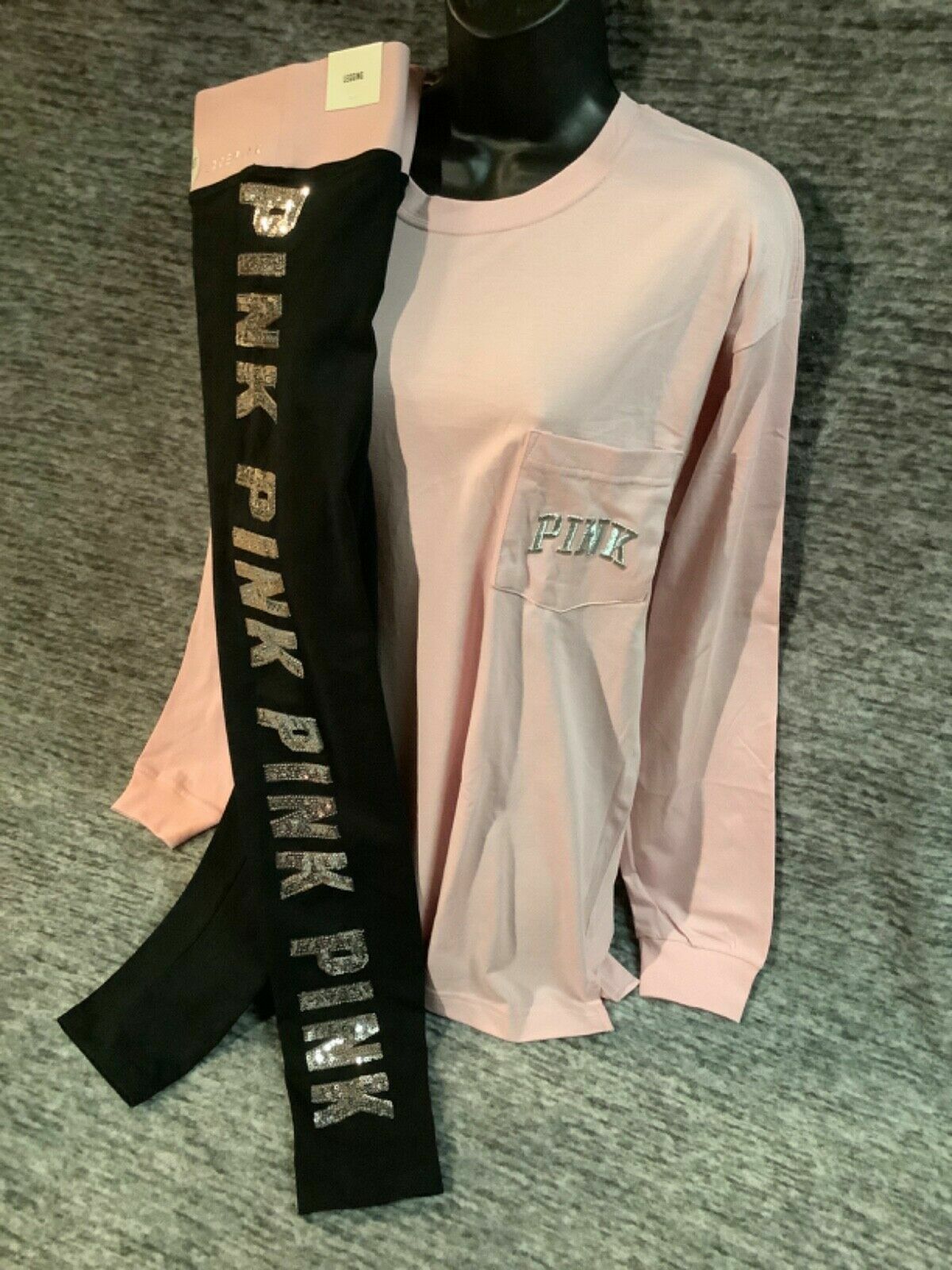 Pre-owned Victoria's Secret Pink Bling Campus Tee Shirt + Leggings Set Chalk Rose M L Nip In White