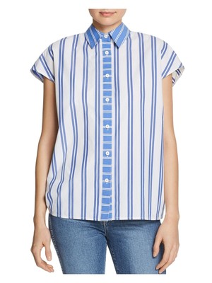 

SJYP Женский синий полосатый топ с короткими рукавами и воротником Размер