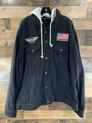 RARE! Mens Harley Davidson Black Skull Flag Denim Jacket Sz RARE! Mens Harley Davidson Black Skull Flag Denim Jacket Sz