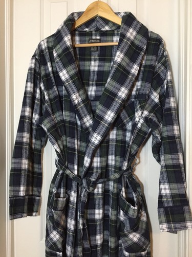 St. Johns Bay Mens Green Blue White Plaid Cotton Flannel Bath Robe Size One Size