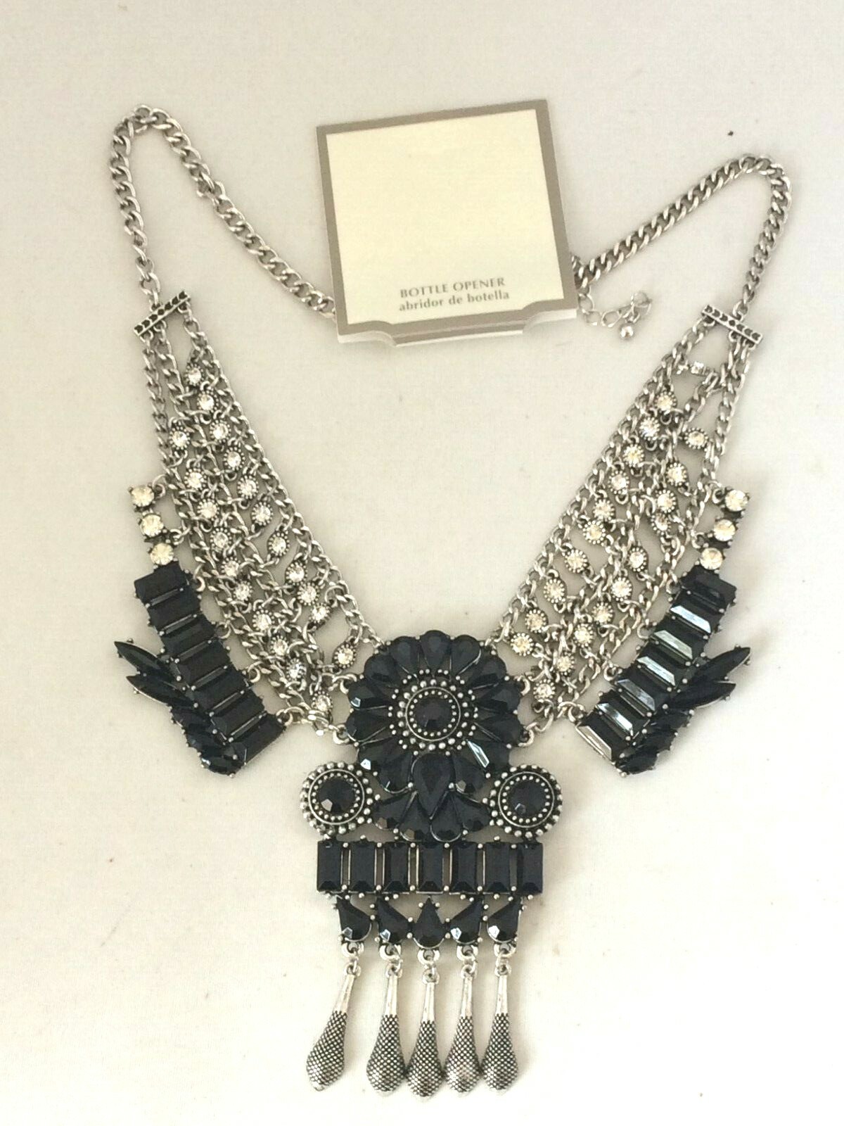◇Primaute◇ FLO CHOKER NT388 DESIGNER INSPIRED SILVER TONE TASSEL BLACK GEMSTONE
