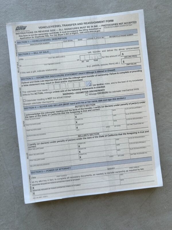 California Dmv Form Reg 262 - Vehicle Vessel Transfer And Reassignment Form