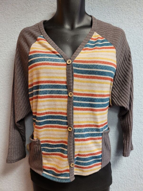 Hopely Boutique 3/4 Sleeve Striped Cardigan With Pockets Size Medium  Nwot #232