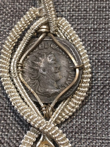 Ancient Silver Coin Wire Wrap Pendant w/ Citrine Crystal