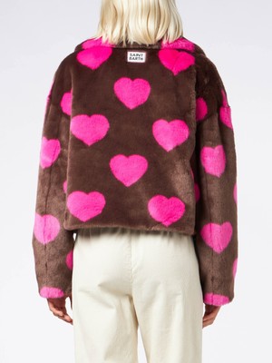 Pre-owned Saint Barth Mc2  Woman Furry Short Jacket With Heart Print In Brown