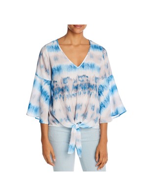

Женский синий топ CHENAULT Tie Dye с рукавом колокольчиком и V-образным вырезом