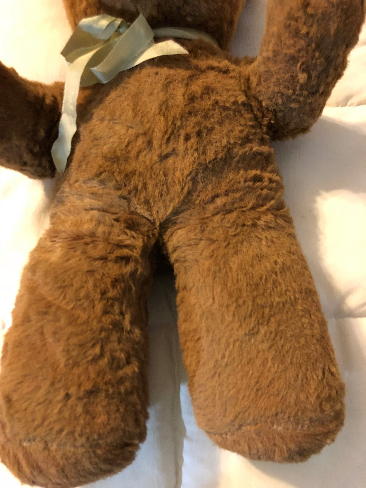 VINTAGE BROWN RIBBON MOHAIR STUFFED TEDDY BEAR DOLL