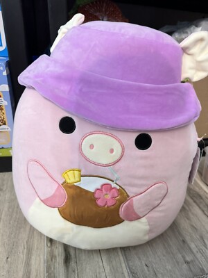 Squishmallow Peter the Pink Pig 16  wearing Bucket Hat NEW w Tags