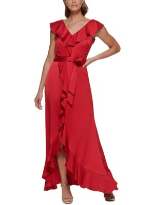

DKNY Женское деловое платье с красным поясом и вырезом на подоле с развевающимися рукавами, Красный