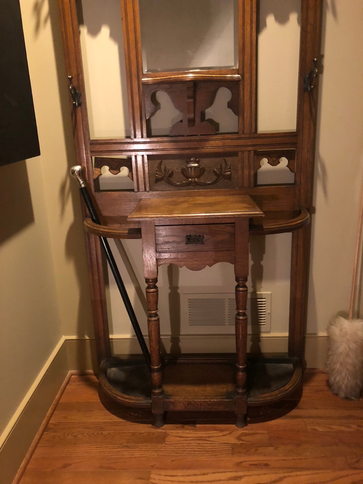 Antique English Oak Hall Tree with Original Drip Pans and Hardware