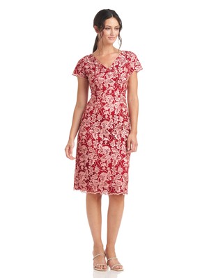 

JS COLLECTION Женское красное сетчатое платье-футляр с короткими рукавами ниже колена, Красный
