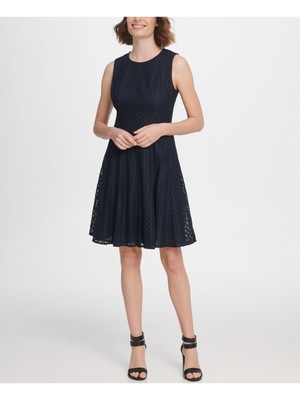 

DKNY Женское темно-синее платье без рукавов с круглым вырезом выше колена + расклешенное платье Размер, Navy