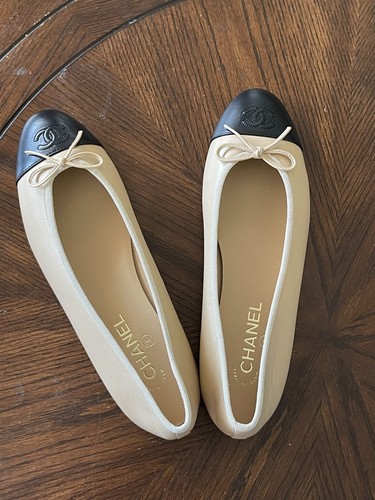 Pre-owned Chanel Beige Lambskin Cap Toe Ballerina Flats Choose Your Size In Black / Beige