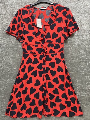 Oasis Womens Red & Black Hearts Dress Size uk 8 Tea Dress Landgirl 40s