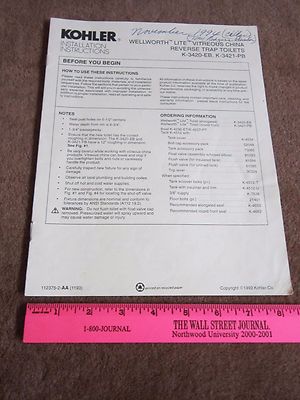 Kohler Installation Instructions Manual ONLY Wellworth Reverse Trap Toilet Guide