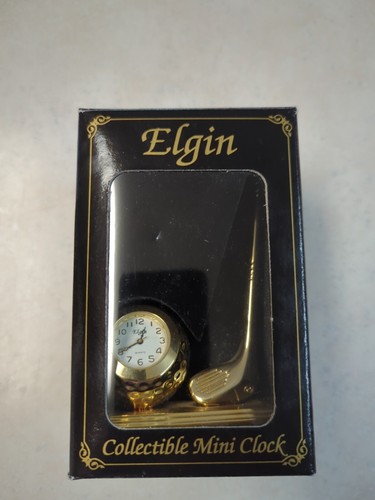 Miniature Elgin Golf Ball & Golf Club Gold Metal Desk Clock Read