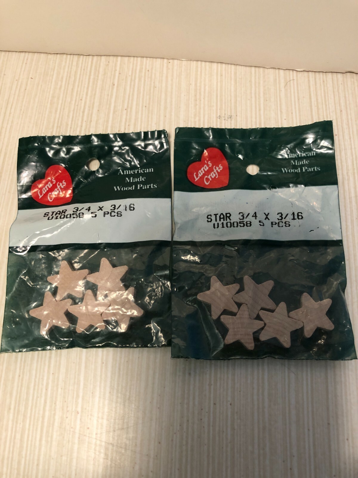 TWO LARA'S  WOOD CRAFT STARS 3/4inX3/16 in (5 Stars PER PACK) SEALED New