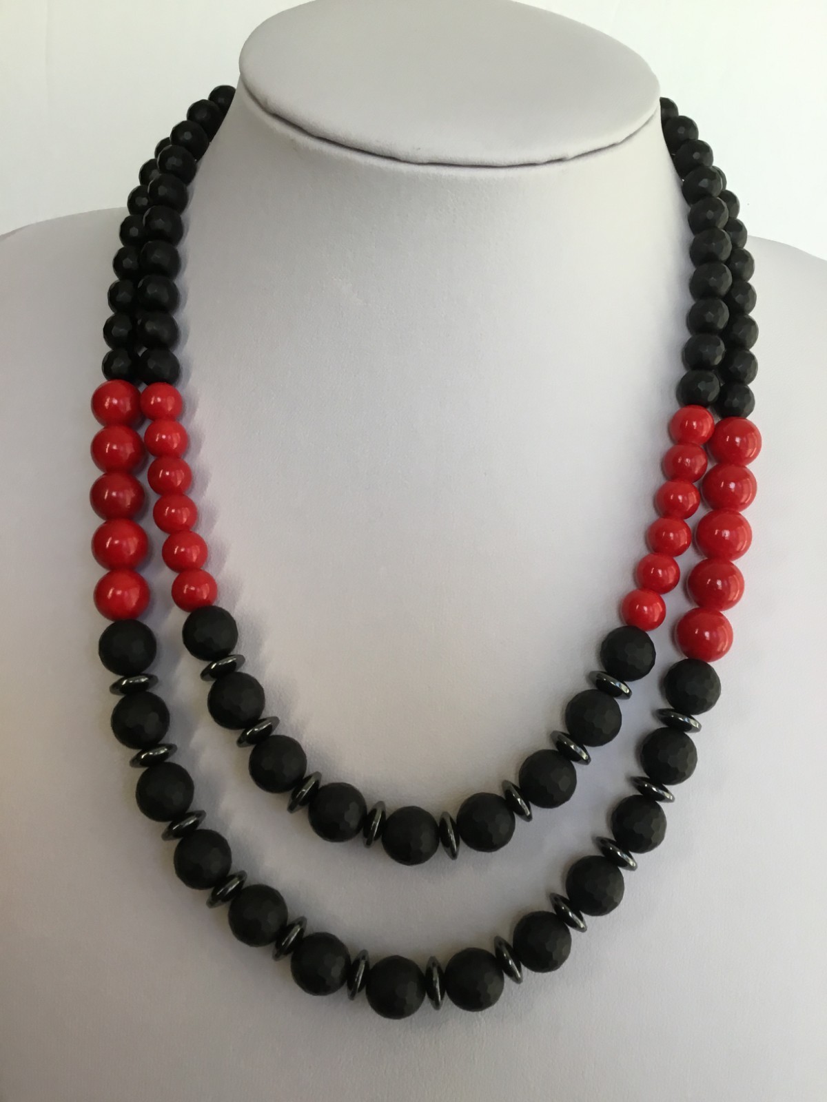 Vintage two strand micro faceted matt black onyx necklace.