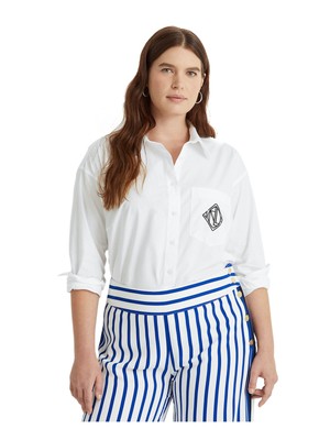 

LAUREN RALPH LAUREN Женский белый топ на пуговицах с длинным рукавом и острым воротником плюс
