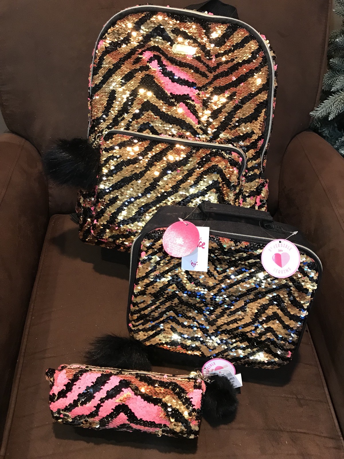 JUSTICE “I LOVE PINK TIGERS” FLIP SEQUINS BACKPACK/LUNCHBOX/PENCILCASE POM POM!!