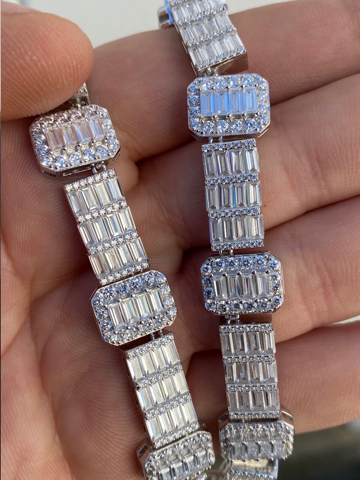Pre-owned Silver Real 925 Sterling  Baguette Link Chain Cz 13mm Men's Necklace Bust Down