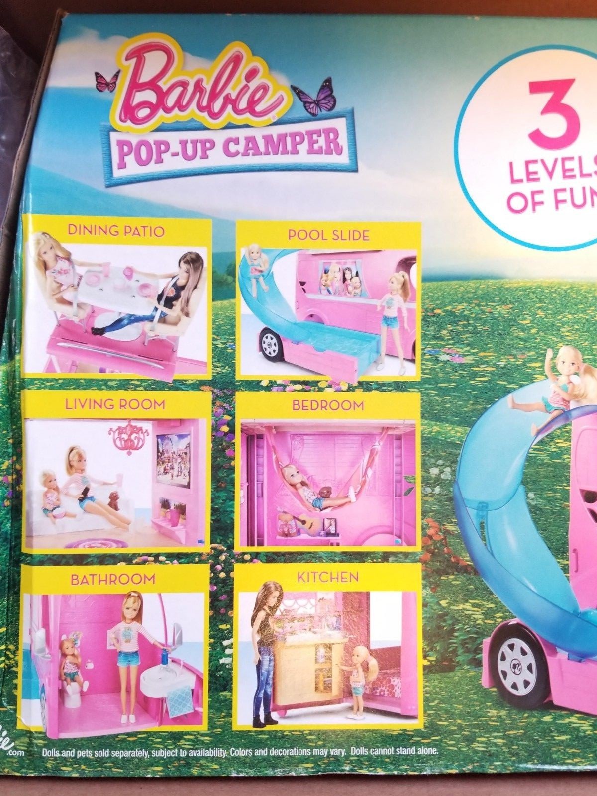 New Mattel Barbie Pop Up Popup Camper 3 Levels Pink RV Bus Home Van Truck Set