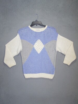 Honors Sweater Womens Small 4 6 Blue White Diamond Print Long Sleeve Ladies