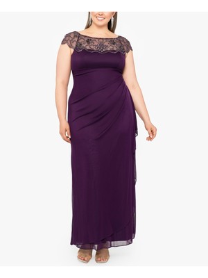 XSCAPE Womens Purple Cascading Ruffle Lined Cap Sleeve Sheath Dress Plus 22W