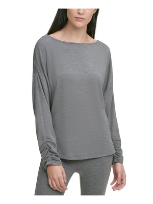 Женская серая футболка DKNY с длинным рукавом и круглым вырезом горловины, украшенная рюшами, Размер: XXS