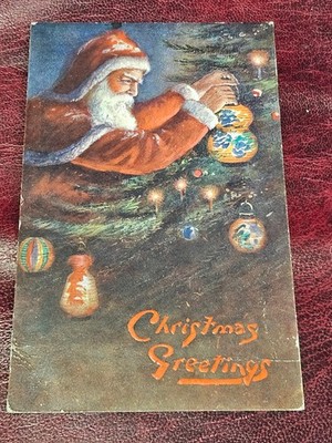RAPHAEL TUCK 1908 CHRISTMAS OILETTE POSTCARD - RED SANTA hanging chinese lantern