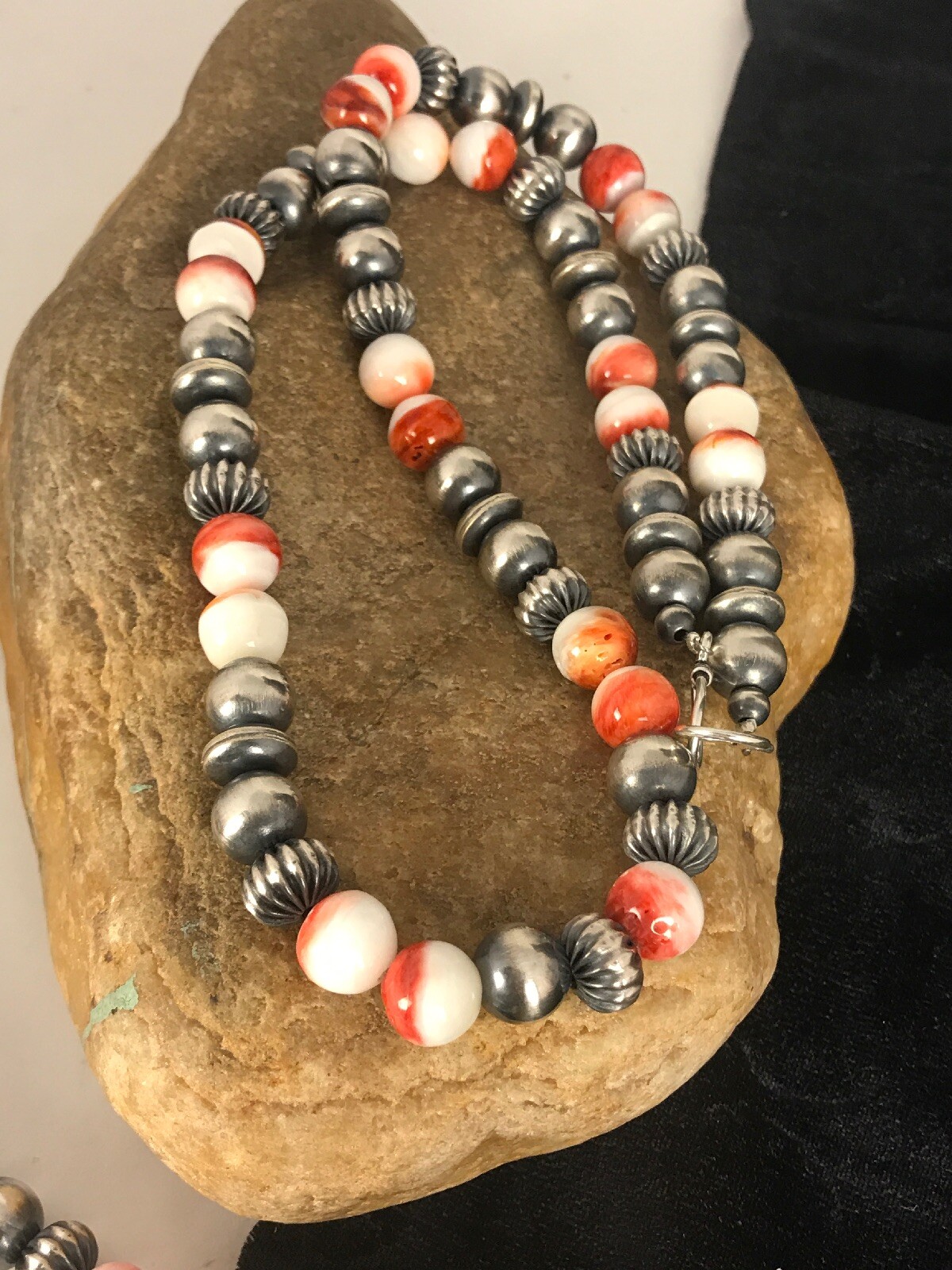 Pre-owned Handmade Spiny Oyster Navajo Sterling Silver Beads Necklace 21” 8533 In Orange