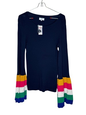 Crown & Ivy Women's Sweater Pullover Rainbow Ribbed Bell Sleeves Blue Small NWT
