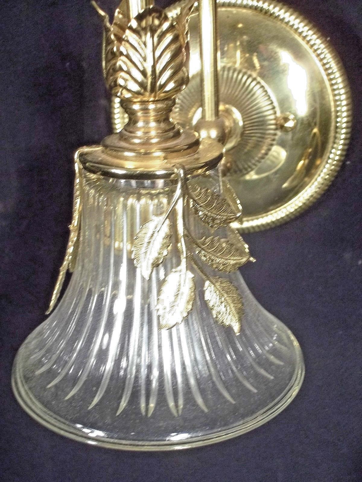 PAIR OF MID CENTURY MODERN BRASS FLORAL SCONCES WITH GLASS BELL SHADES