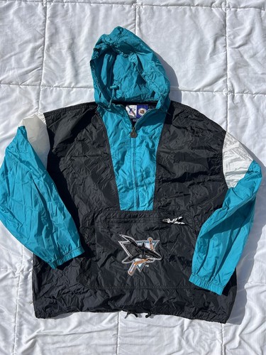Vintage San Jose Sharks LA Logo Athletic Black Shell Nylon Anorak Jacket Sz XL