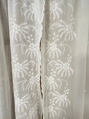 Pair of Tambour Embroidered White Cotton Voile Curtains 41
