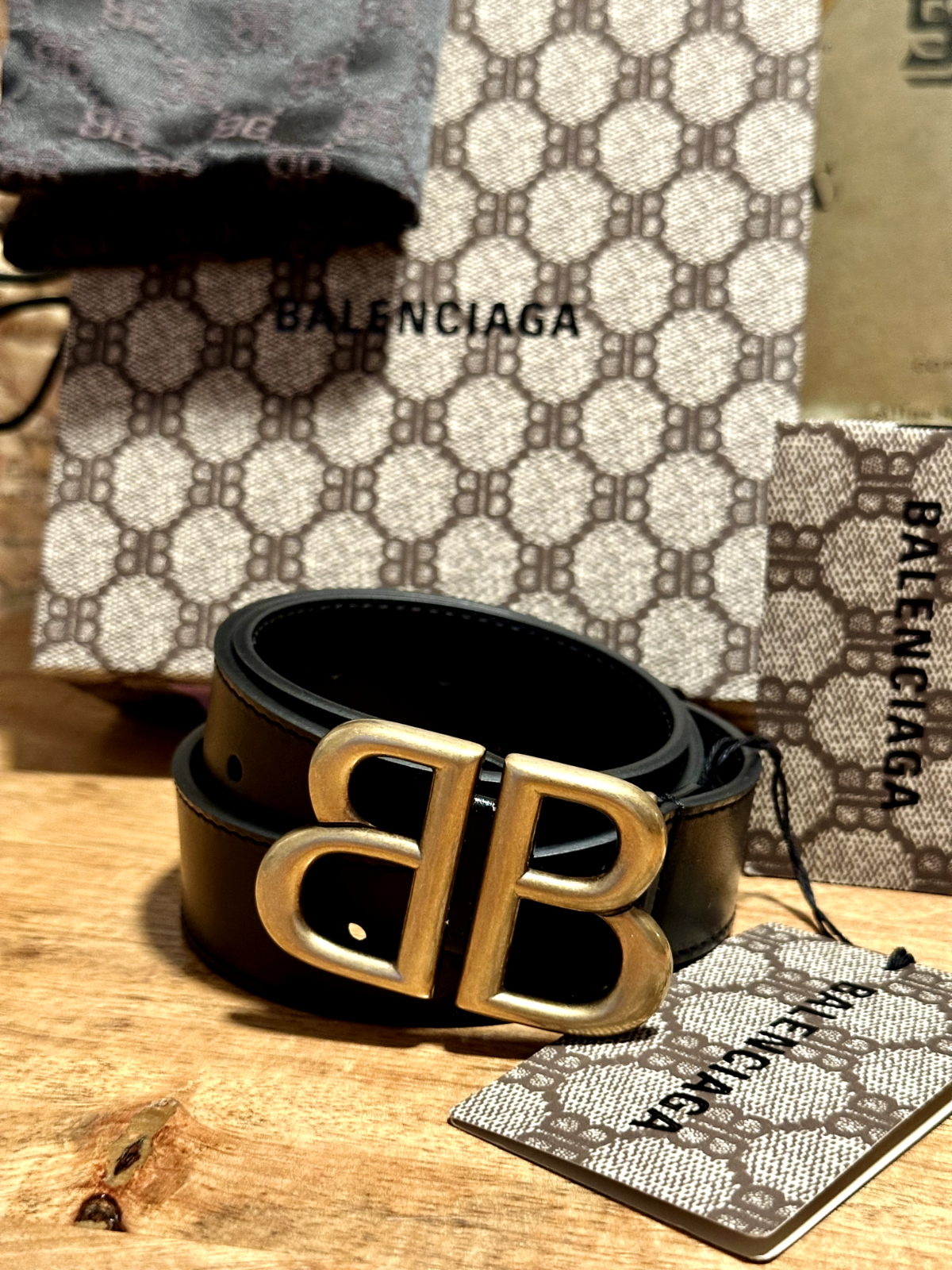Pre-owned Gg Gold Brass B Belt Gucci X Balenciaga Bb  Leather 680456 80cm Unisex