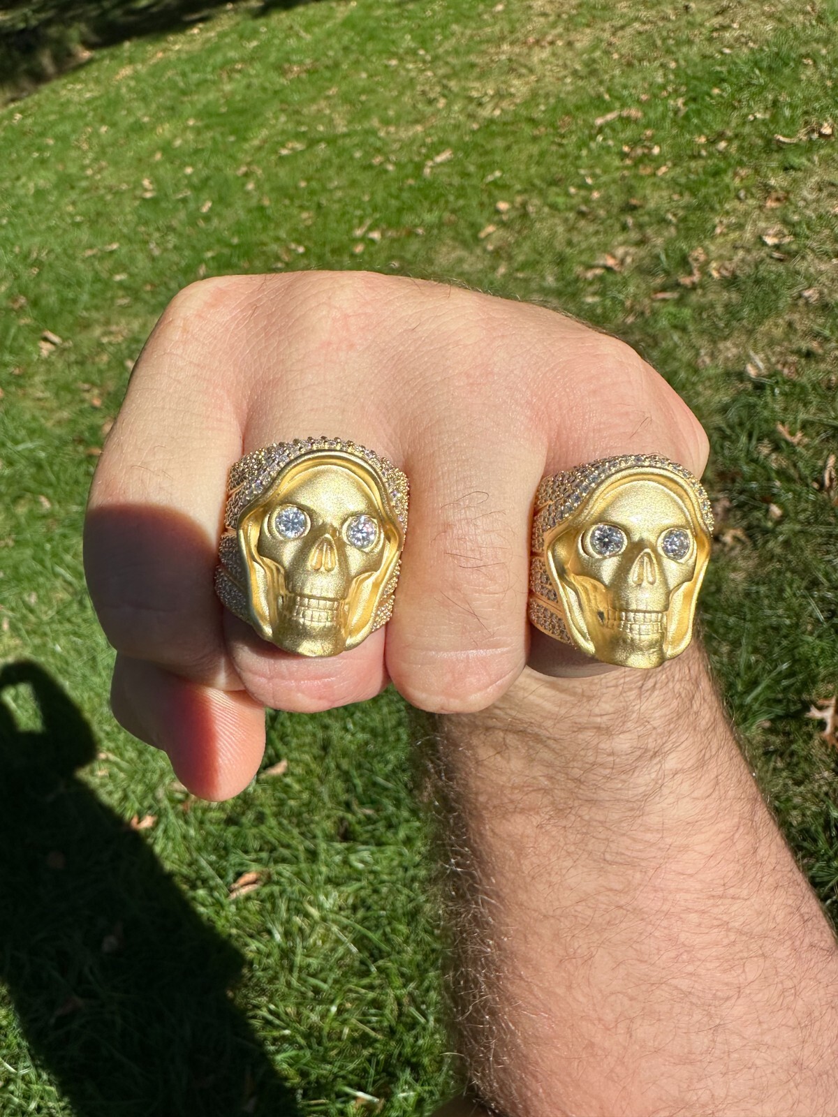 Pre-owned Silver Moissanite Iced Heavy Death Skull Ring Matte Real 14k Gold Over 925  In White