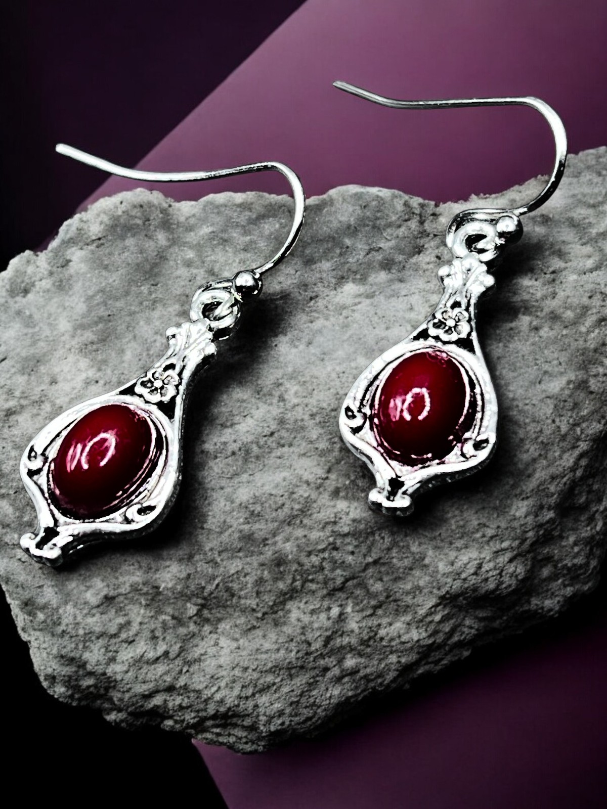 Red Stone Dangle Earrings Silver Tone Teardrop 1 Inch Boho Drop Jewelry Gift