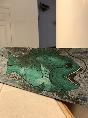 Vintage Fishing Fish Bait Wood Painted Sign Hand Made 29”x 5” Primitive Folk Art