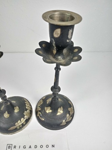 Antique Black and Sterling Silver Candle Holder Pair - India