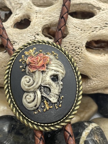 Wicked Peach Princess Rose Sugar Skull Mexican Bolo Tie  Skeleton Mens Womens